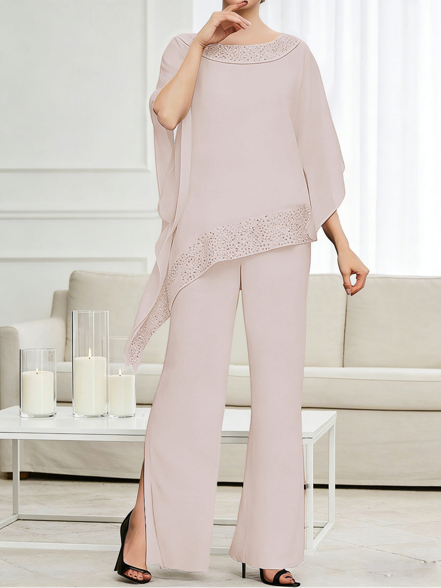 Pantsuits Separates Scoop Neck Sequins Asymmetrical Ankle-Length Mother of the Bride Dress with Slit (SHI22500132)