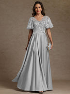 A-Line/Princess V-Neck Illusion Pleated Satin Floor-Length Mother of the Bride Dresses with Sequins (SHI22500150)