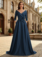 Satin A Line 3/4 Sleeve Floor Length Mother of the Bride Dresses with Flower (SHI22500168)