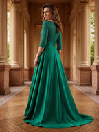 A Line Scoop 3/4 Sleeve Long Mixed Mother of the Bride Dresses with Sequins (SHI22500171)