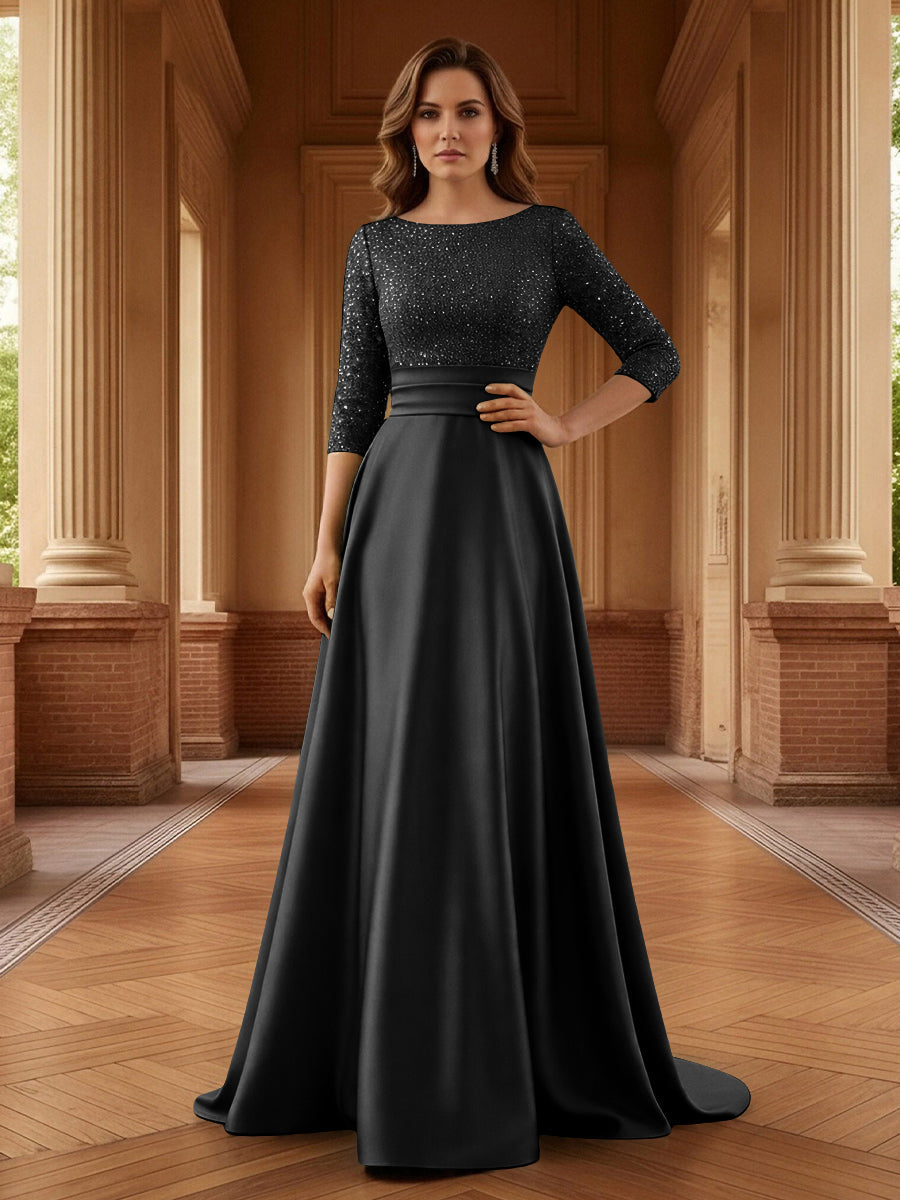 A Line Scoop 3/4 Sleeve Long Mixed Mother of the Bride Dresses with Sequins (SHI22500171)