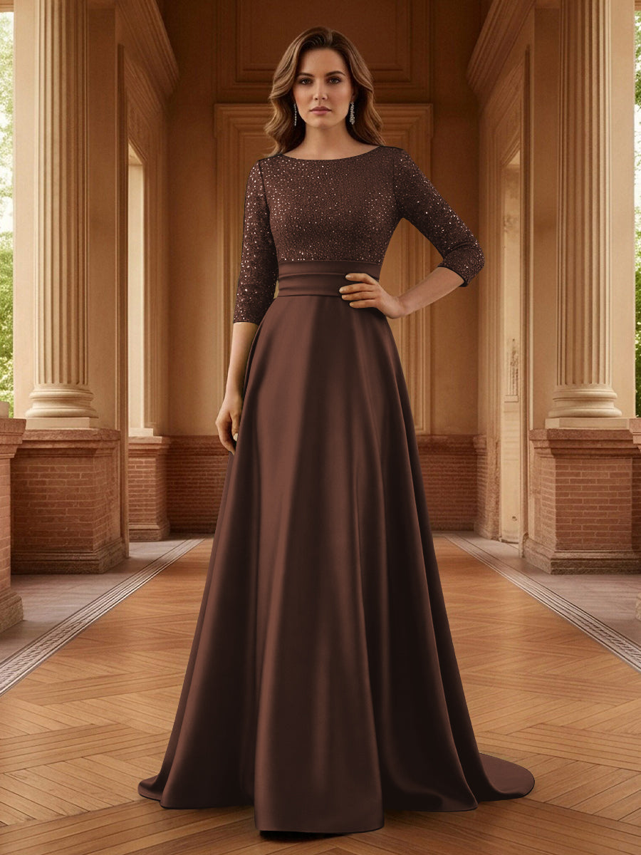 A Line Scoop 3/4 Sleeve Long Mixed Mother of the Bride Dresses with Sequins (SHI22500171)