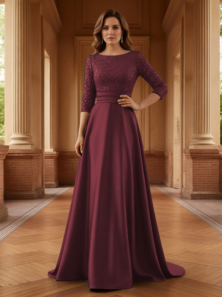 A Line Scoop 3/4 Sleeve Long Mixed Mother of the Bride Dresses with Sequins (SHI22500171)