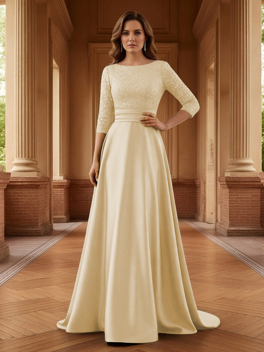 A Line Scoop 3/4 Sleeve Long Mixed Mother of the Bride Dresses with Sequins (SHI22500171)
