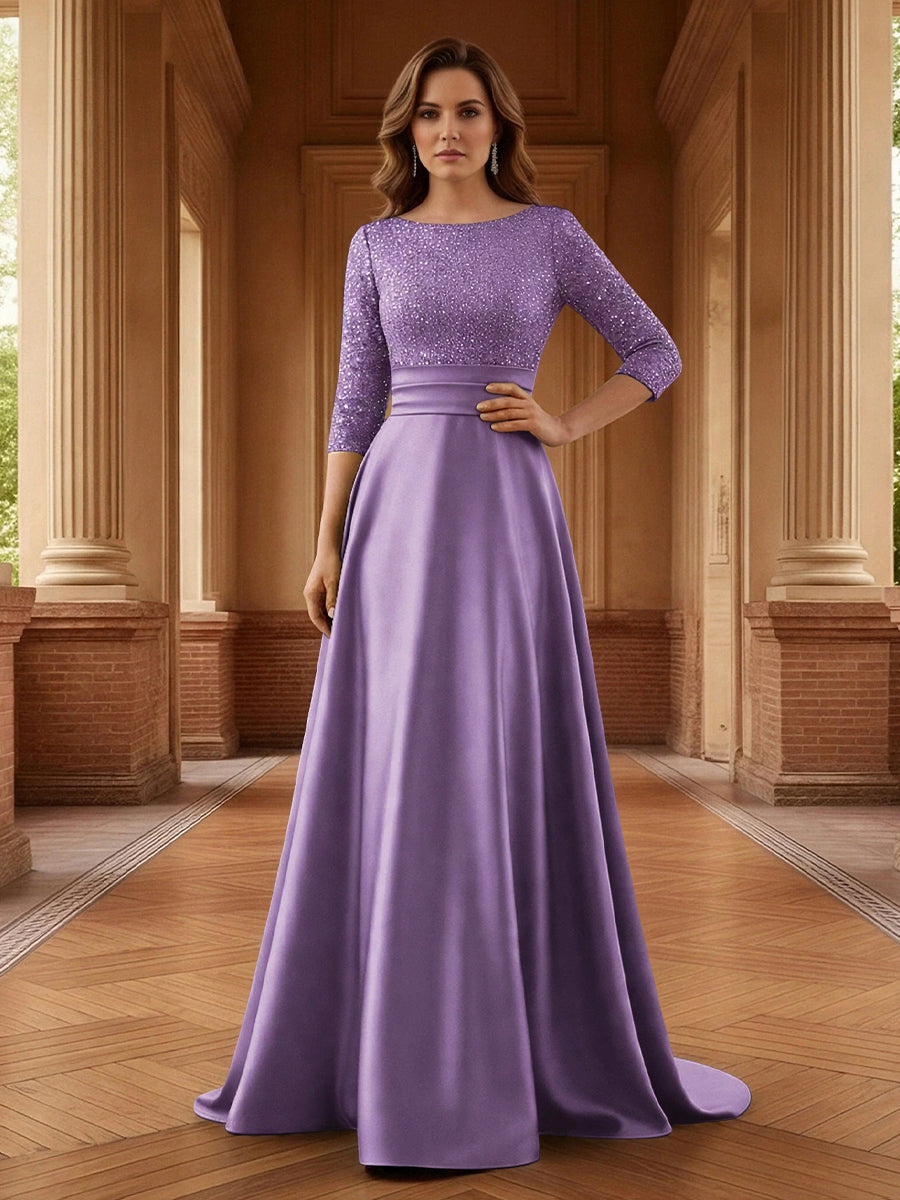 A Line Scoop 3/4 Sleeve Long Mixed Mother of the Bride Dresses with Sequins (SHI22500171)