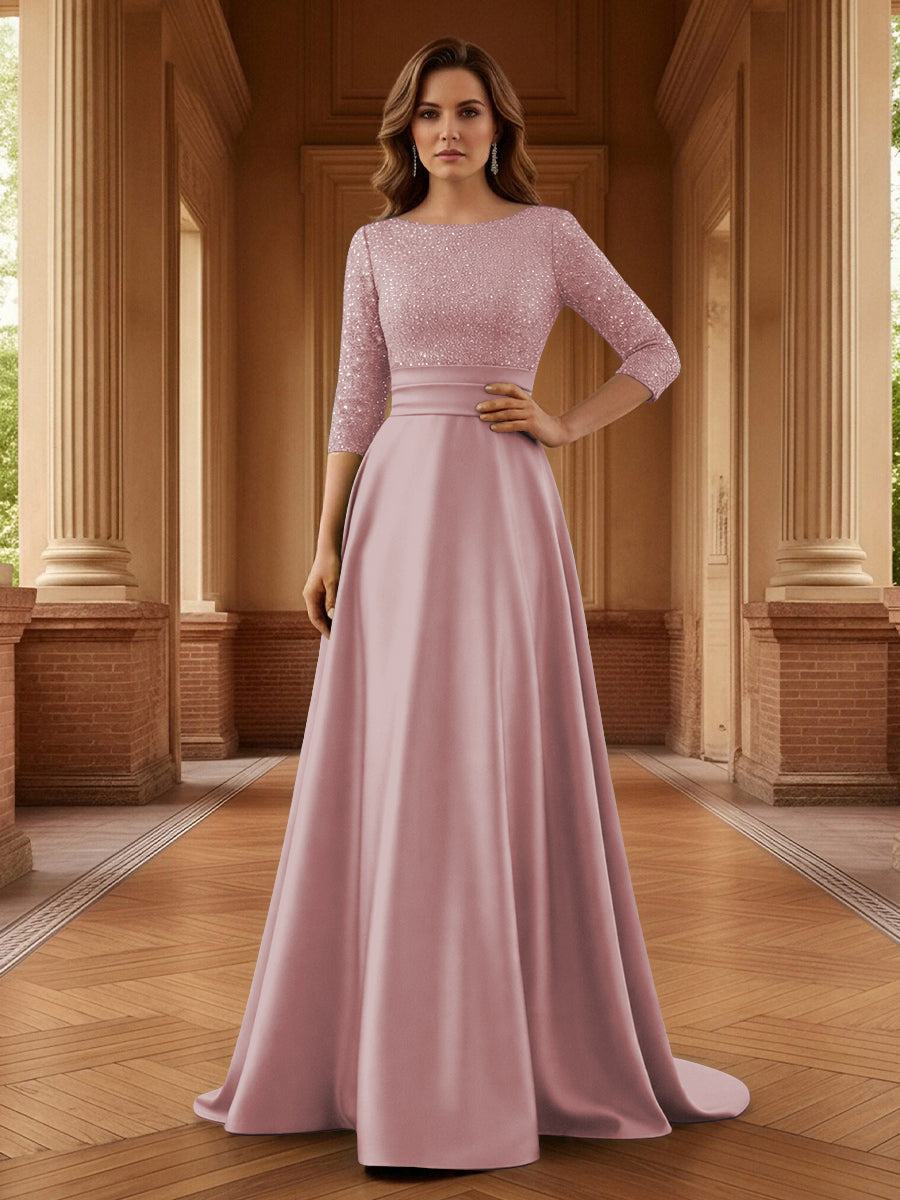 A Line Scoop 3/4 Sleeve Long Mixed Mother of the Bride Dresses with Sequins (SHI22500171)