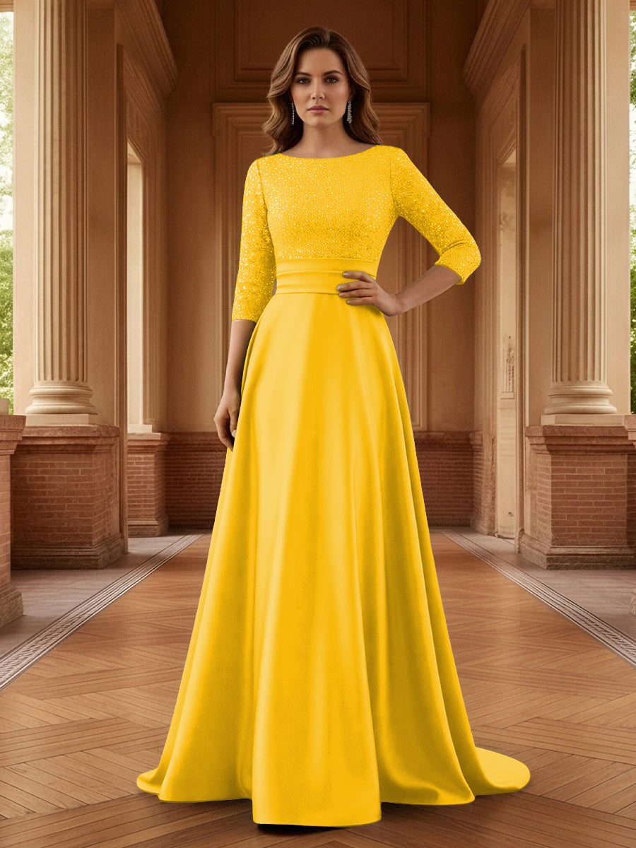A Line Scoop 3/4 Sleeve Long Mixed Mother of the Bride Dresses with Sequins (SHI22500171)