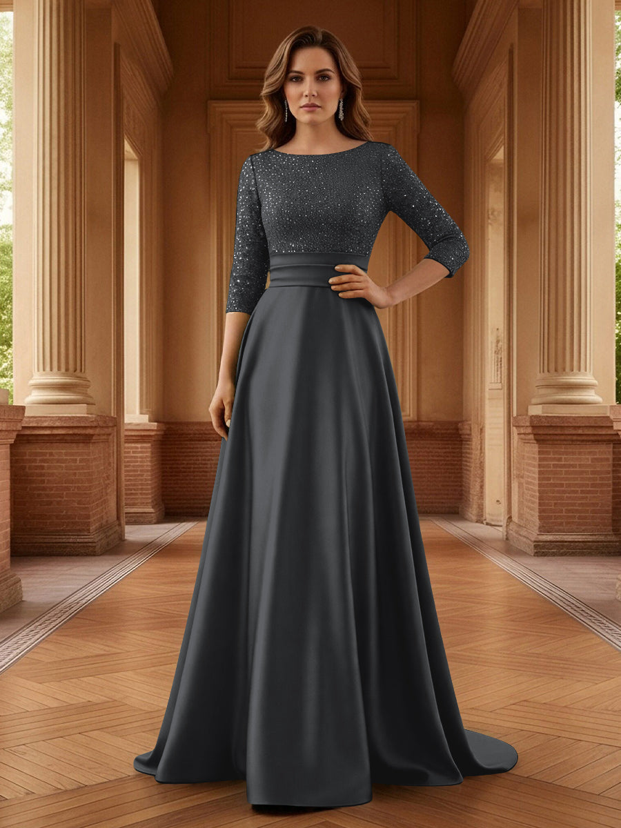 A Line Scoop 3/4 Sleeve Long Mixed Mother of the Bride Dresses with Sequins (SHI22500171)