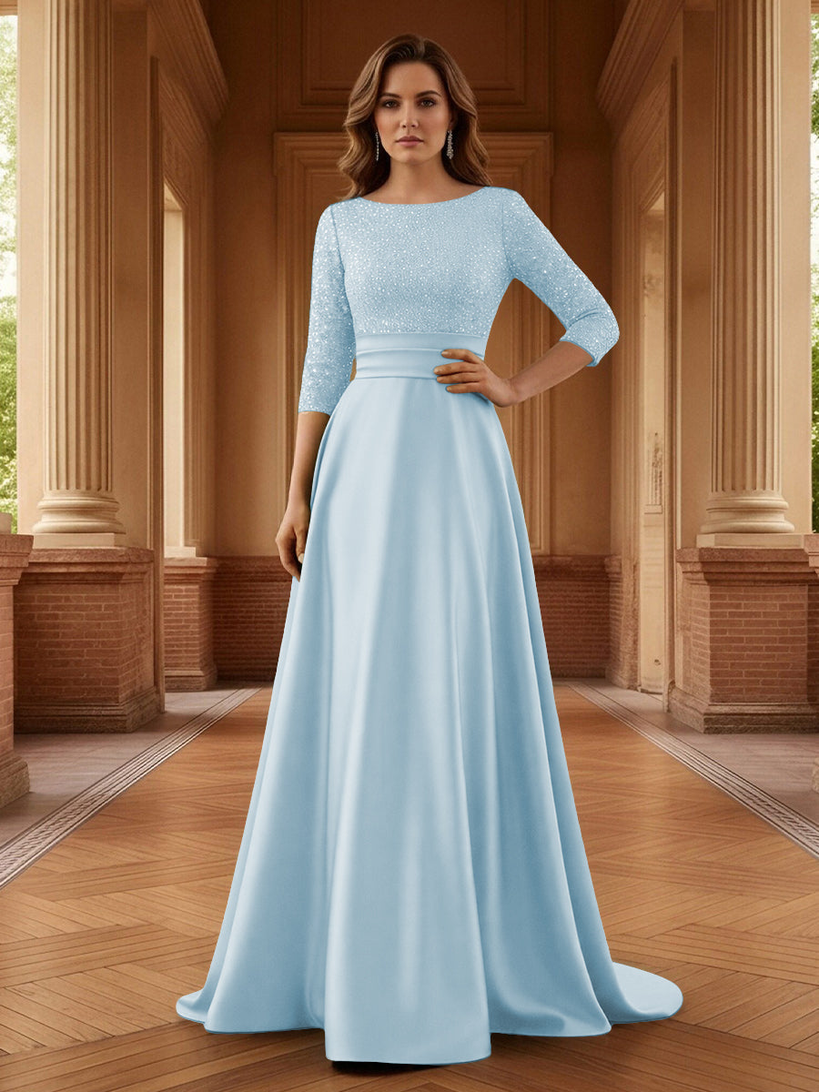 A Line Scoop 3/4 Sleeve Long Mixed Mother of the Bride Dresses with Sequins (SHI22500171)