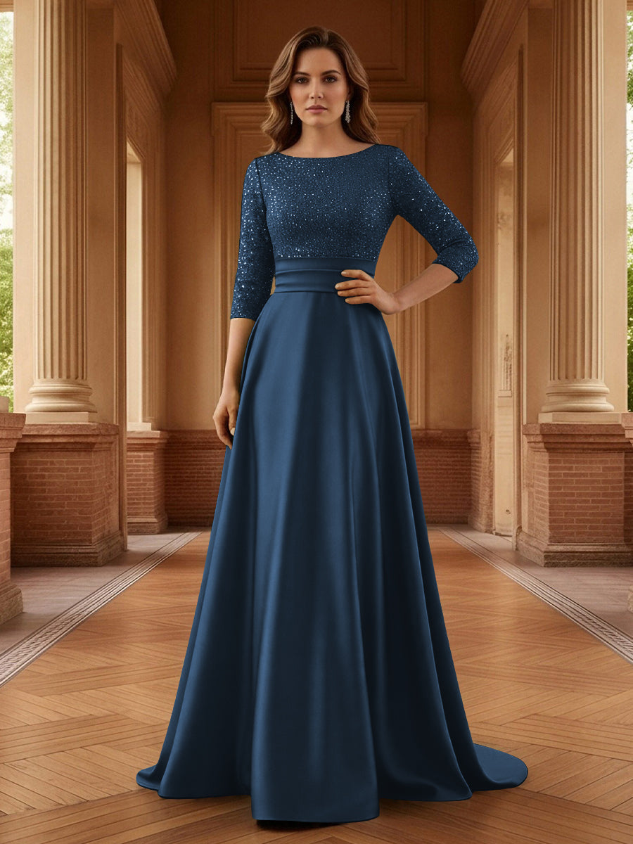 A Line Scoop 3/4 Sleeve Long Mixed Mother of the Bride Dresses with Sequins (SHI22500171)