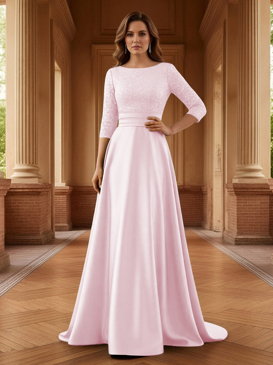 A Line Scoop 3/4 Sleeve Long Mixed Mother of the Bride Dresses with Sequins (SHI22500171)