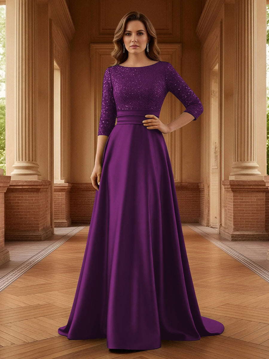 A Line Scoop 3/4 Sleeve Long Mixed Mother of the Bride Dresses with Sequins (SHI22500171)