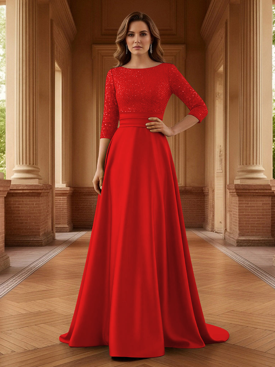 A Line Scoop 3/4 Sleeve Long Mixed Mother of the Bride Dresses with Sequins (SHI22500171)