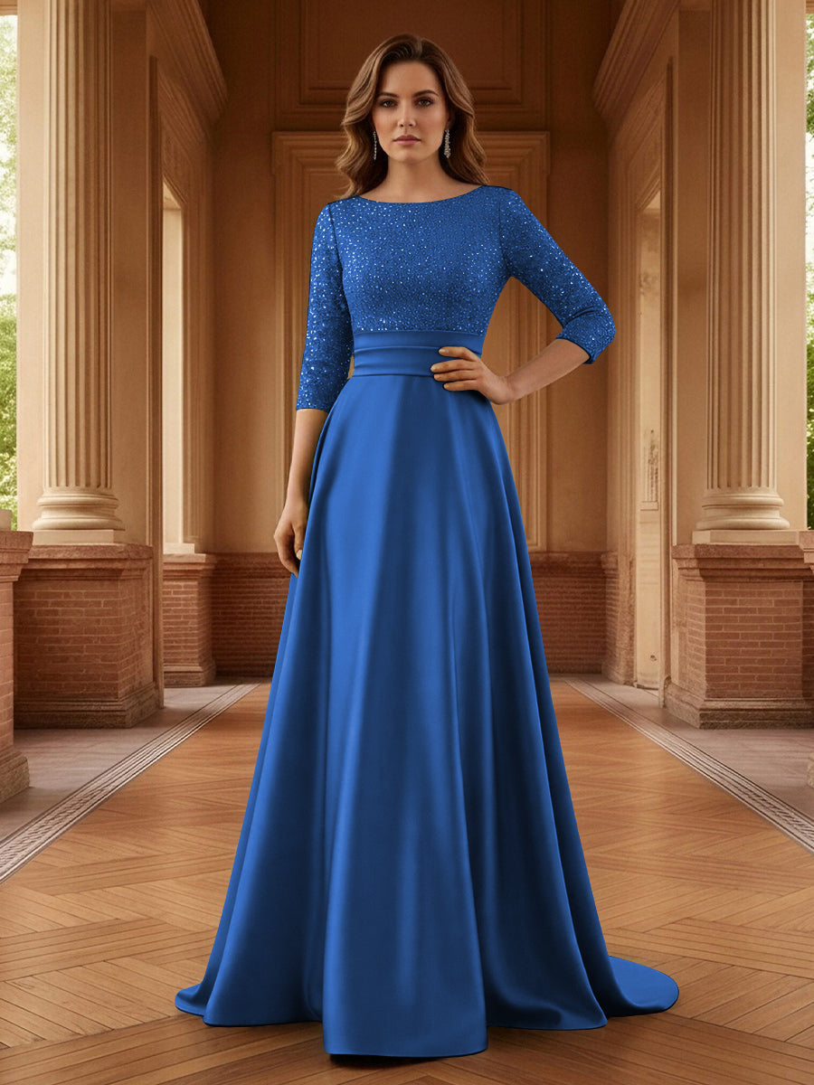A Line Scoop 3/4 Sleeve Long Mixed Mother of the Bride Dresses with Sequins (SHI22500171)