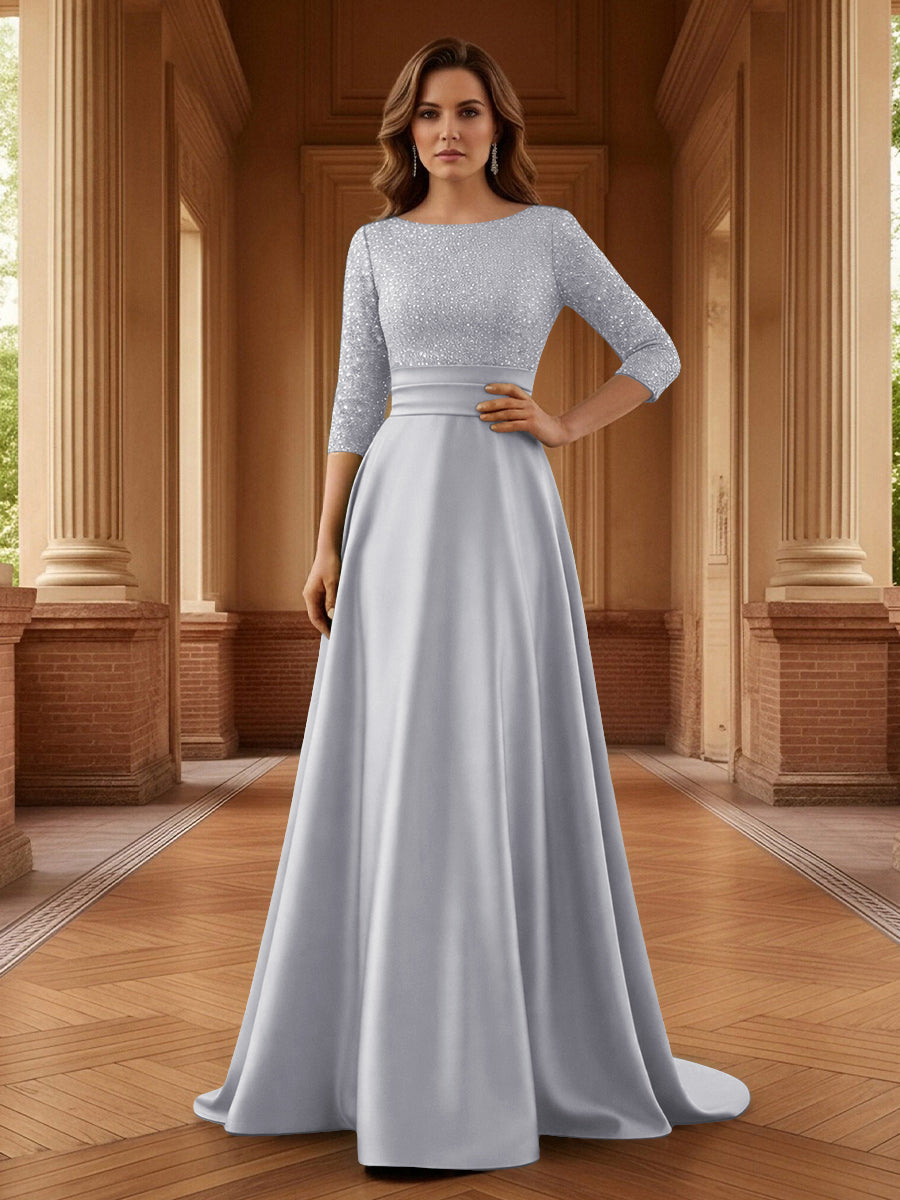 A Line Scoop 3/4 Sleeve Long Mixed Mother of the Bride Dresses with Sequins (SHI22500171)