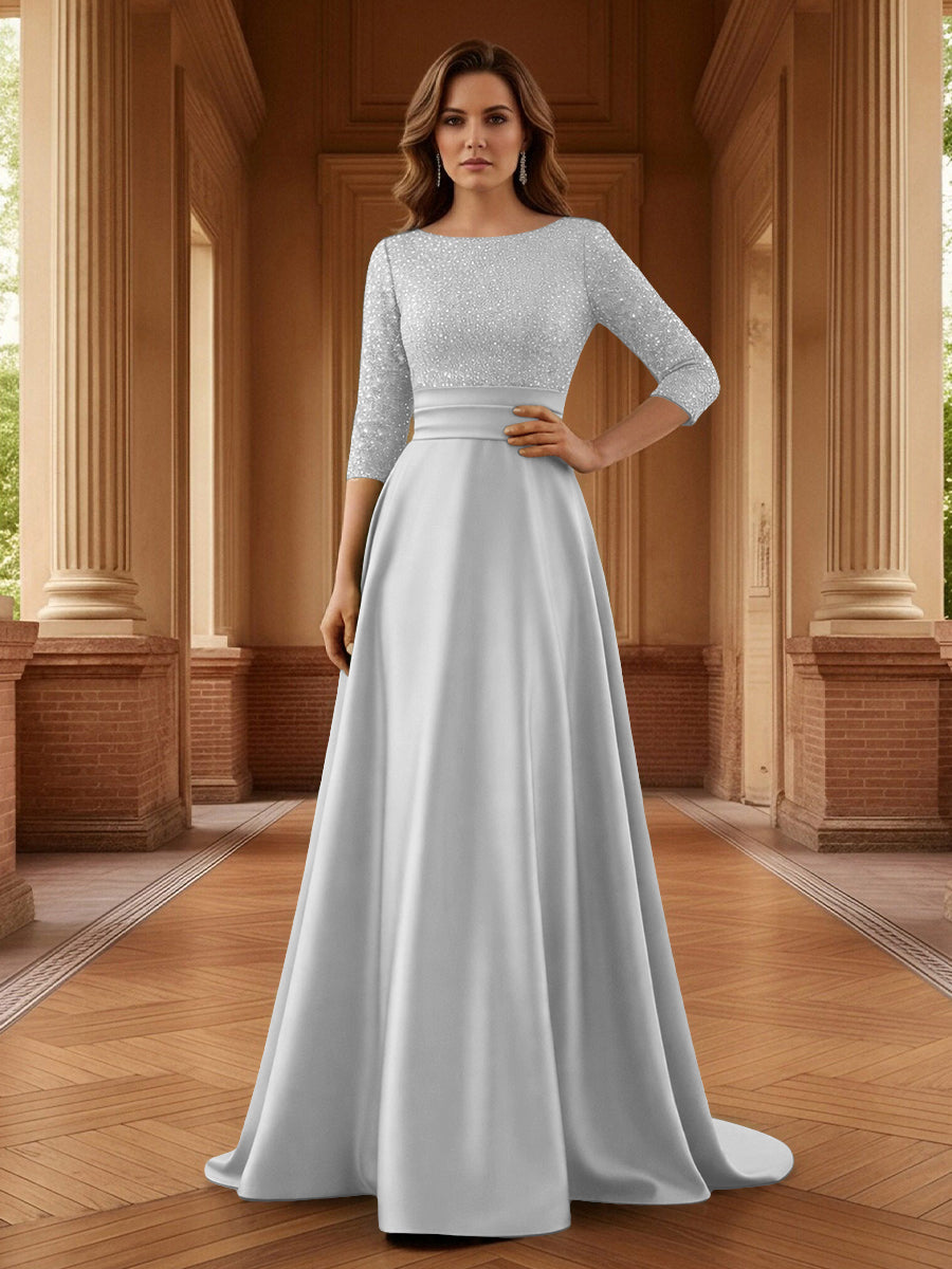A Line Scoop 3/4 Sleeve Long Mixed Mother of the Bride Dresses with Sequins (SHI22500171)