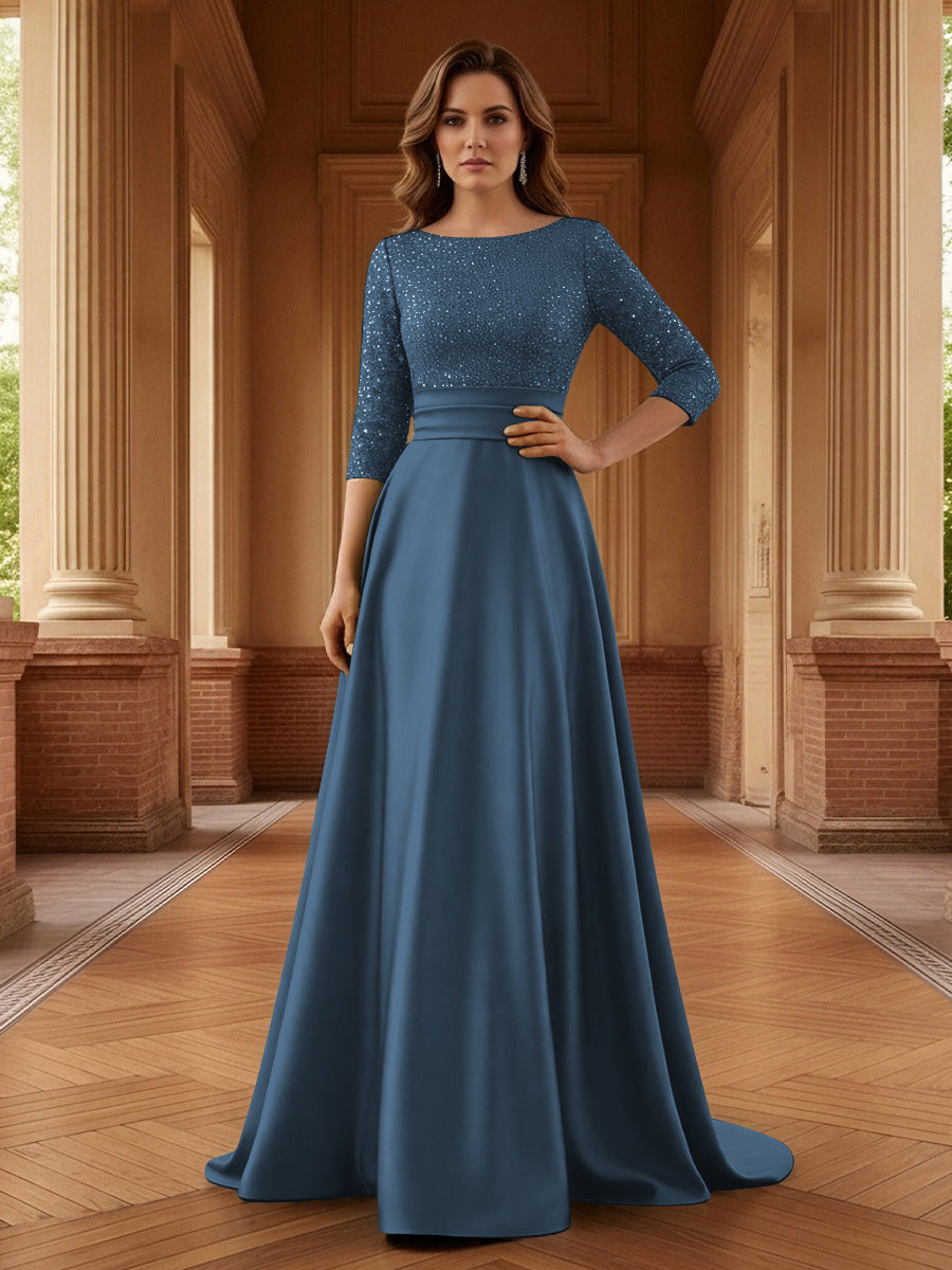 A Line Scoop 3/4 Sleeve Long Mixed Mother of the Bride Dresses with Sequins (SHI22500171)