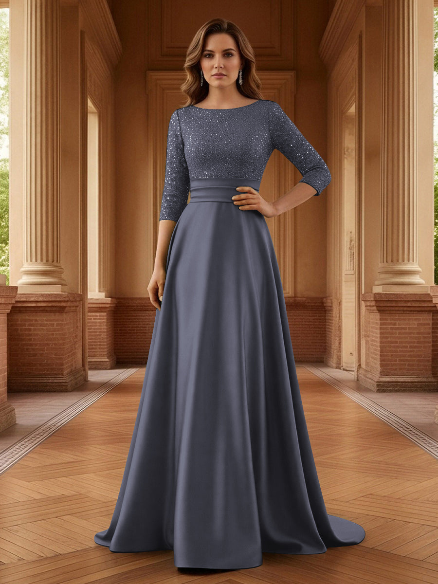 A Line Scoop 3/4 Sleeve Long Mixed Mother of the Bride Dresses with Sequins (SHI22500171)