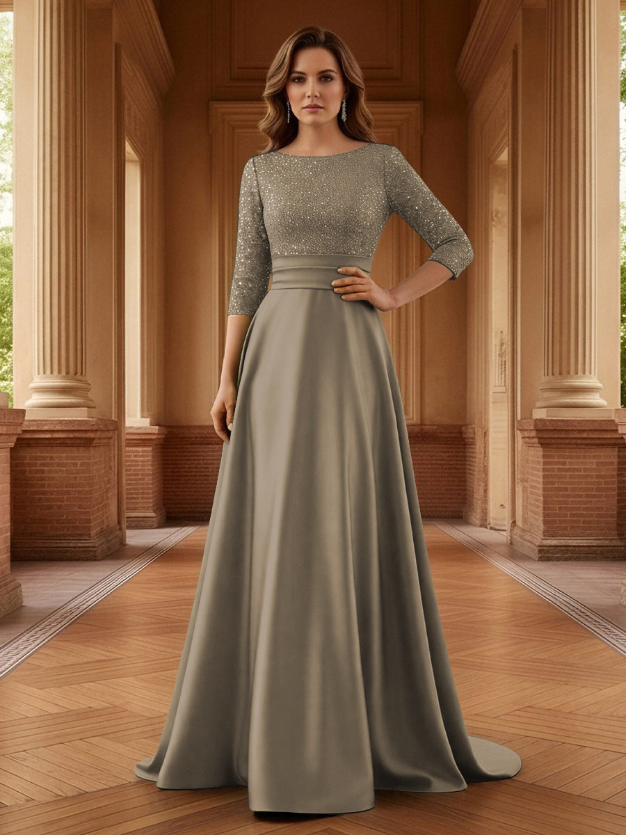 A Line Scoop 3/4 Sleeve Long Mixed Mother of the Bride Dresses with Sequins (SHI22500171)