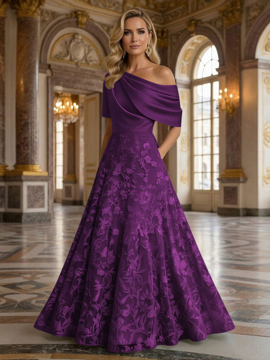 A-Line Floor Length One Shoulder Long Mother of the Bride Dresses with Lace (SHI22500179)