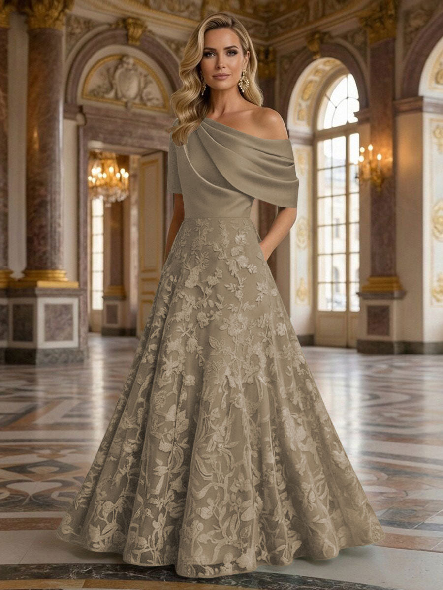 A-Line Floor Length One Shoulder Long Mother of the Bride Dresses with Lace (SHI22500179)