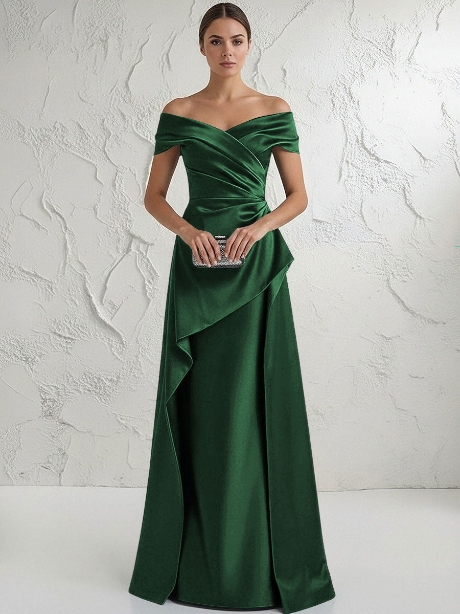 A Line Off Shoulder Floor Length Ruched Mother of the Bride Dresses (SHI22500193)