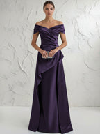A Line Off Shoulder Floor Length Ruched Mother of the Bride Dresses (SHI22500193)