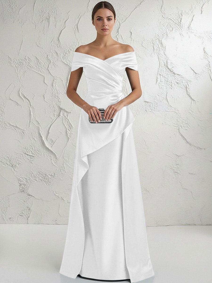 A Line Off Shoulder Floor Length Ruched Mother of the Bride Dresses (SHI22500193)