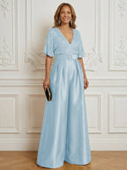 Jumpsuit V Neck Half Sleeve Long Sparkling Mother of the Bride Dresses with Belt (SHI22500201)