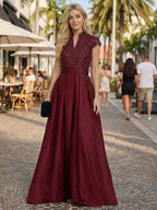 A Line/Princess Stand Collar Short Sleeve Long Elegant Mother of the Bride Dresses (SHI22500207)