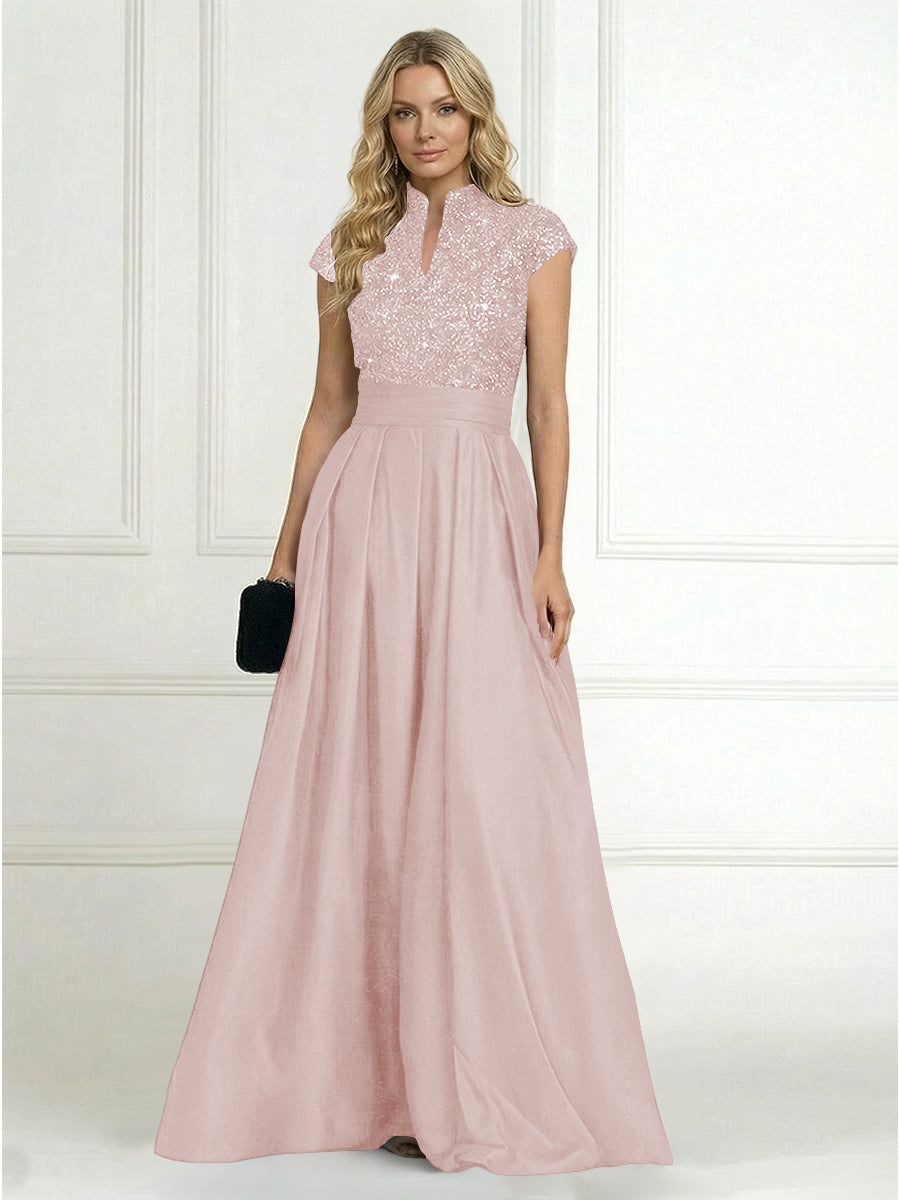 A Line/Princess Stand Collar Short Sleeve Long Elegant Mother of the Bride Dresses (SHI22500207)