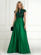 A Line/Princess Stand Collar Short Sleeve Long Elegant Mother of the Bride Dresses (SHI22500207)