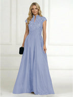 A Line/Princess Stand Collar Short Sleeve Long Elegant Mother of the Bride Dresses (SHI22500207)