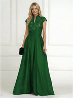 A Line/Princess Stand Collar Short Sleeve Long Elegant Mother of the Bride Dresses (SHI22500207)