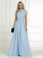 A Line/Princess Stand Collar Short Sleeve Long Elegant Mother of the Bride Dresses (SHI22500207)