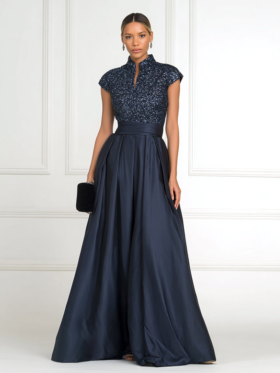 A Line/Princess Stand Collar Short Sleeve Long Elegant Mother of the Bride Dresses (SHI22500207)