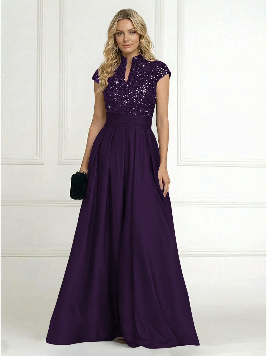 A Line/Princess Stand Collar Short Sleeve Long Elegant Mother of the Bride Dresses (SHI22500207)