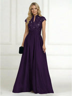 A Line/Princess Stand Collar Short Sleeve Long Elegant Mother of the Bride Dresses (SHI22500207)