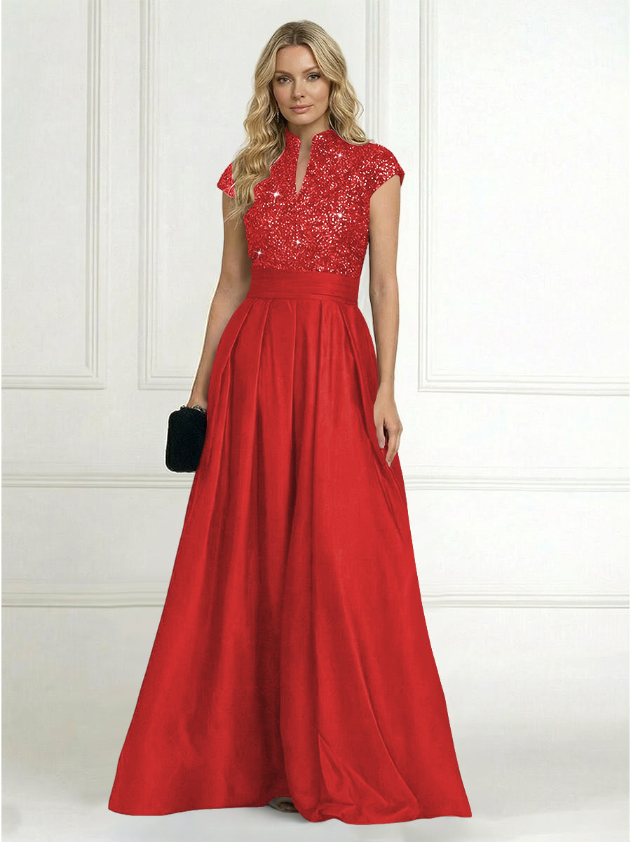 A Line/Princess Stand Collar Short Sleeve Long Elegant Mother of the Bride Dresses (SHI22500207)