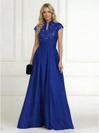 A Line/Princess Stand Collar Short Sleeve Long Elegant Mother of the Bride Dresses (SHI22500207)