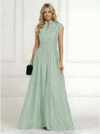 A Line/Princess Stand Collar Short Sleeve Long Elegant Mother of the Bride Dresses (SHI22500207)