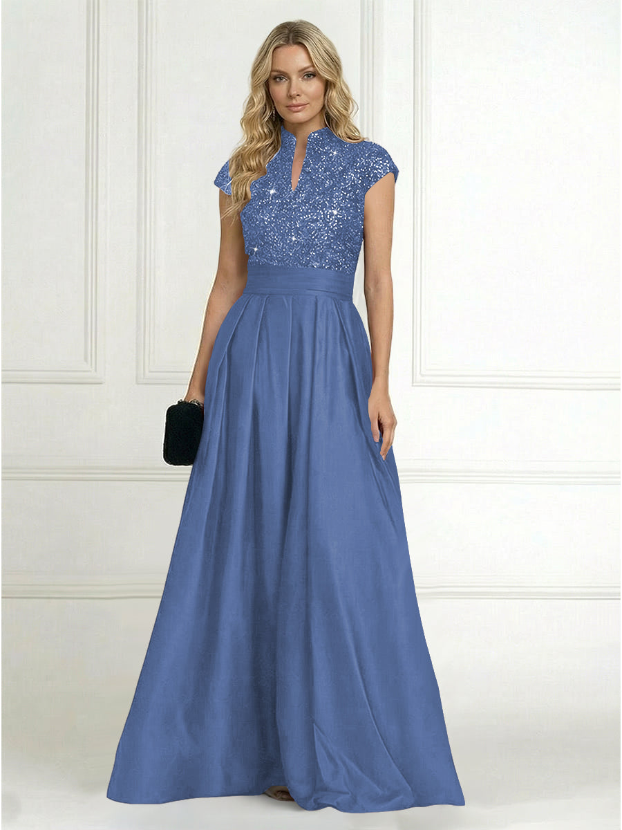 A Line/Princess Stand Collar Short Sleeve Long Elegant Mother of the Bride Dresses (SHI22500207)