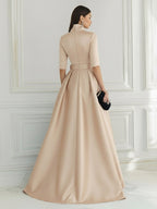 A-Line/Princess Scoop Neck Satin High-Low Mother of the Bride & Groom Dresses with Sequin Floral & Pleats (SHI22501631)