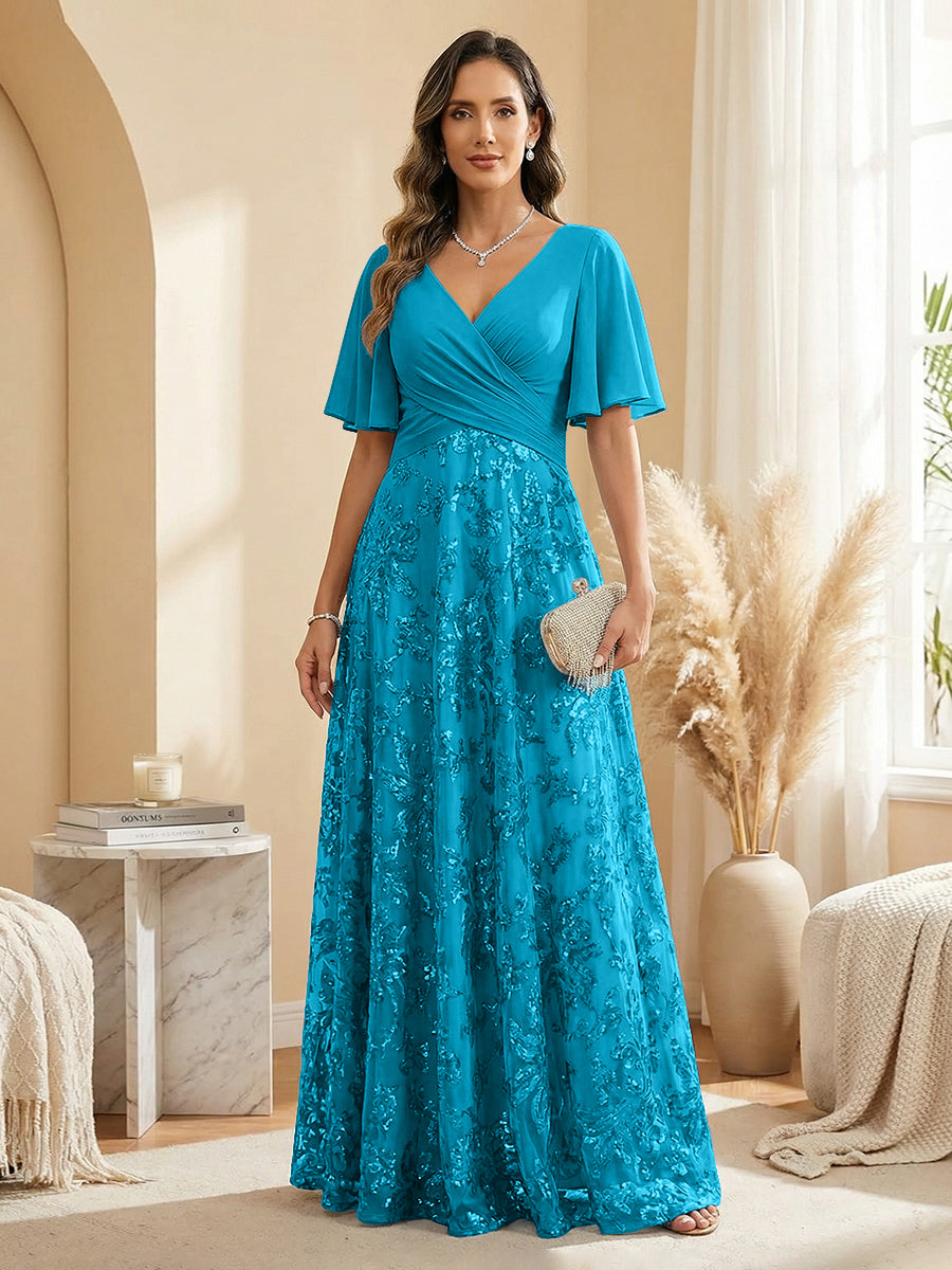 A Line V Neck Short Sleeve Chiffon Ruched Mother of the Bride Dresses with Sequin Embroidery (SHI22500231)