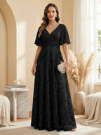 A Line V Neck Short Sleeve Chiffon Ruched Mother of the Bride Dresses with Sequin Embroidery (SHI22500231)