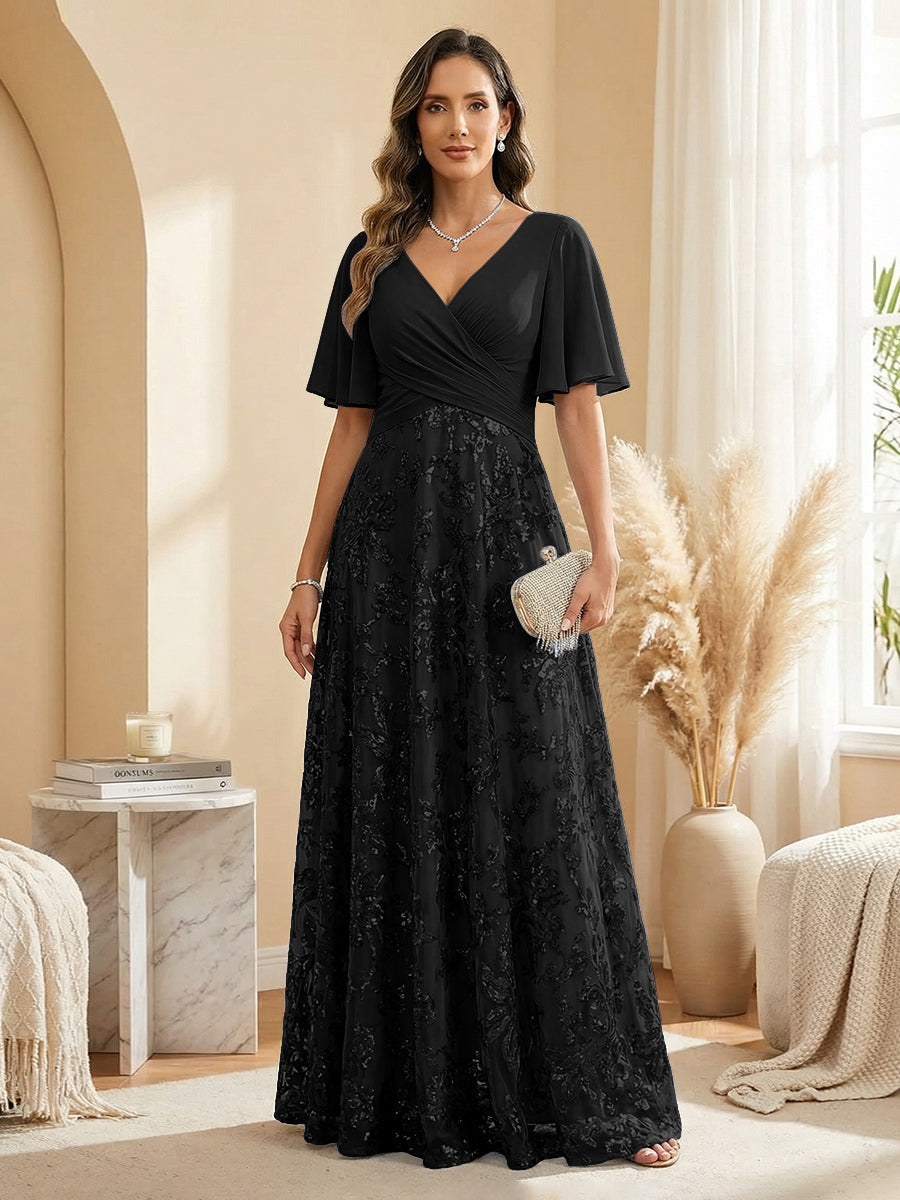 A Line V Neck Short Sleeve Chiffon Ruched Mother of the Bride Dresses with Sequin Embroidery (SHI22500231)