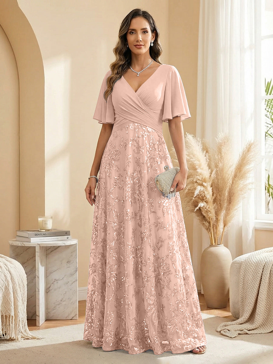 A Line V Neck Short Sleeve Chiffon Ruched Mother of the Bride Dresses with Sequin Embroidery (SHI22500231)