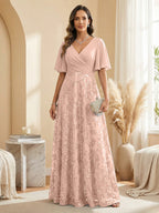 A Line V Neck Short Sleeve Chiffon Ruched Mother of the Bride Dresses with Sequin Embroidery (SHI22500231)