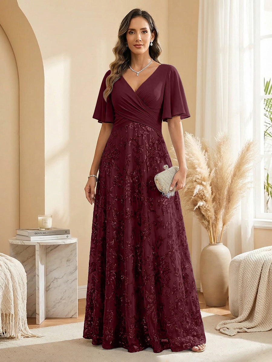 A Line V Neck Short Sleeve Chiffon Ruched Mother of the Bride Dresses with Sequin Embroidery (SHI22500231)