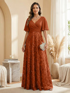 A Line V Neck Short Sleeve Chiffon Ruched Mother of the Bride Dresses with Sequin Embroidery (SHI22500231)